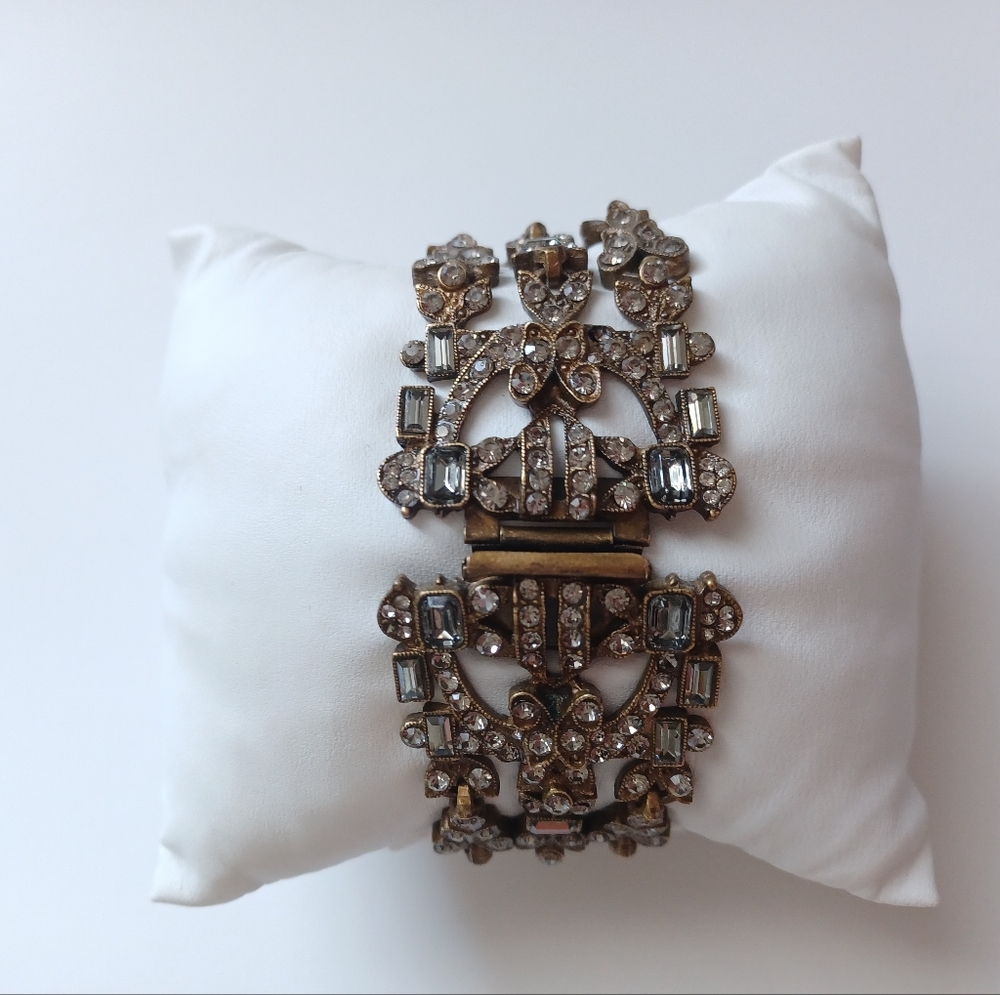 Vintage Sweet Romance Bronze Tone 3 Strand Rhinestone Crystal Wide Cuff Bracelet
